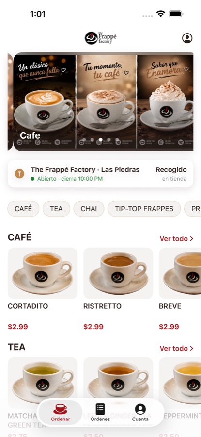 Pantalla de inicio de la app con banners y categorías