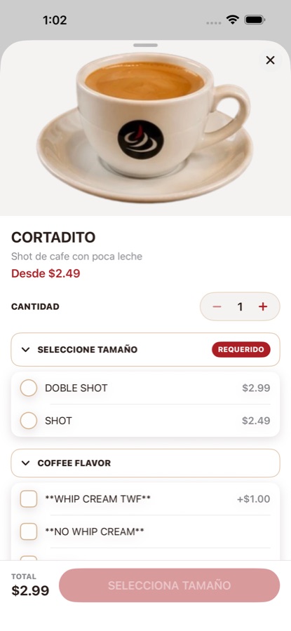 Detalle de un producto con tamaños y extras